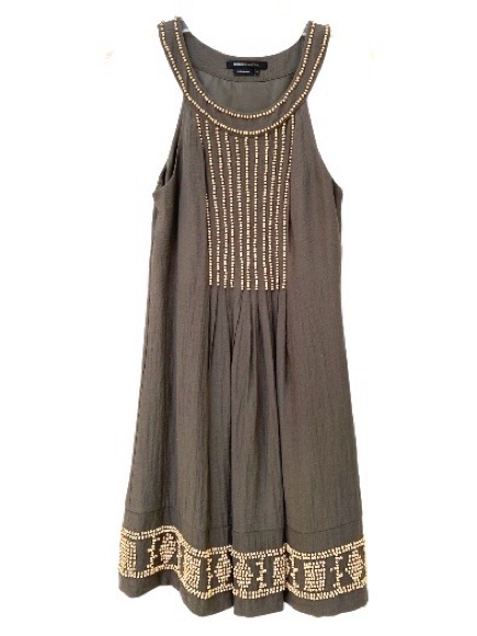 Bcbgmaxazria Textured Boho Earthy Olive Green Wood Beaded Sheath Dress Size 2